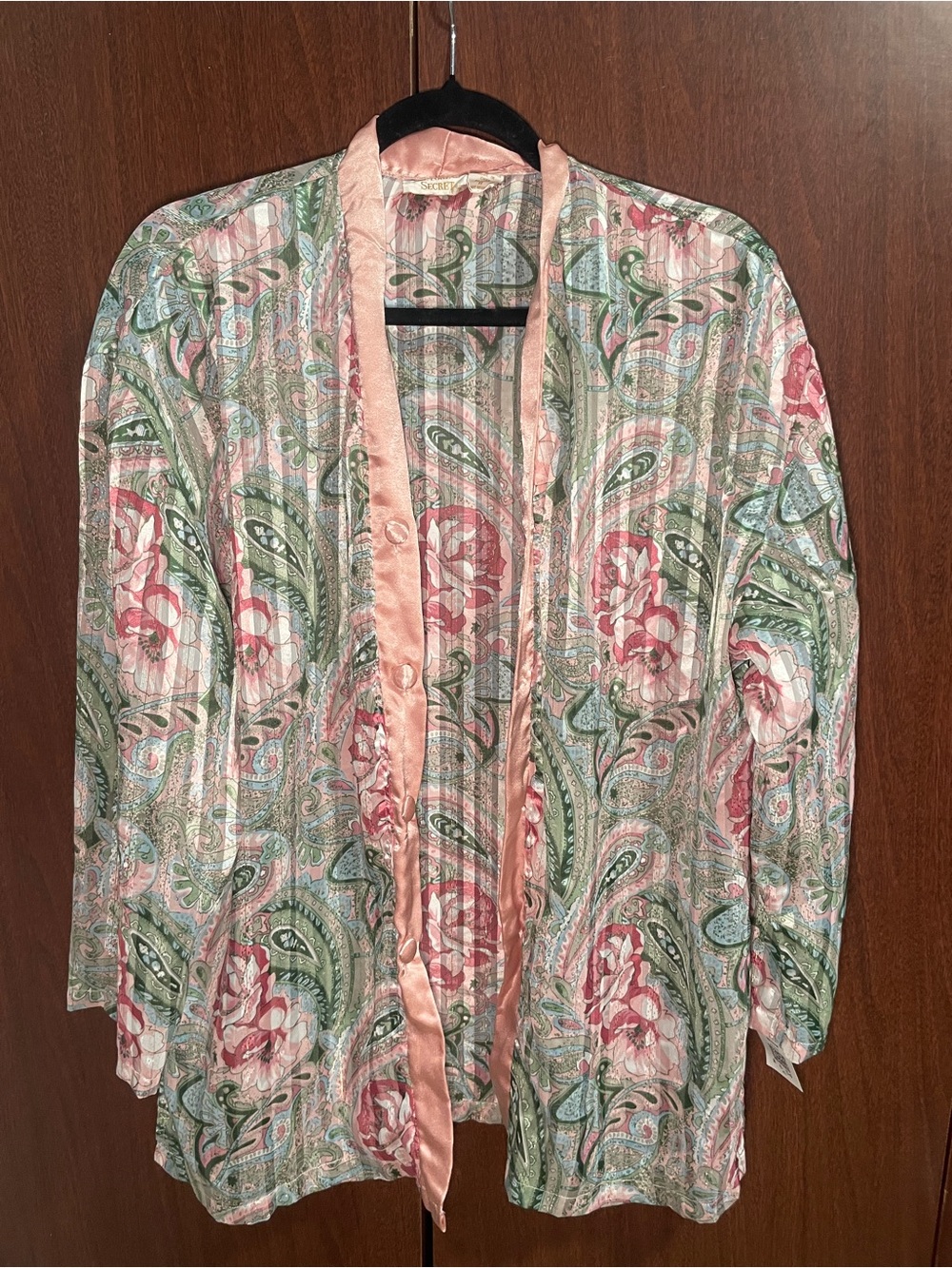 Vintage Victoria's Secret Satin-Trim Paisley Floral Kimono - Pink & Green